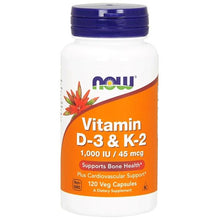 Load image into Gallery viewer, Now Foods, Vitamin D-3 &amp; K-2, 120 Veg Capsules
